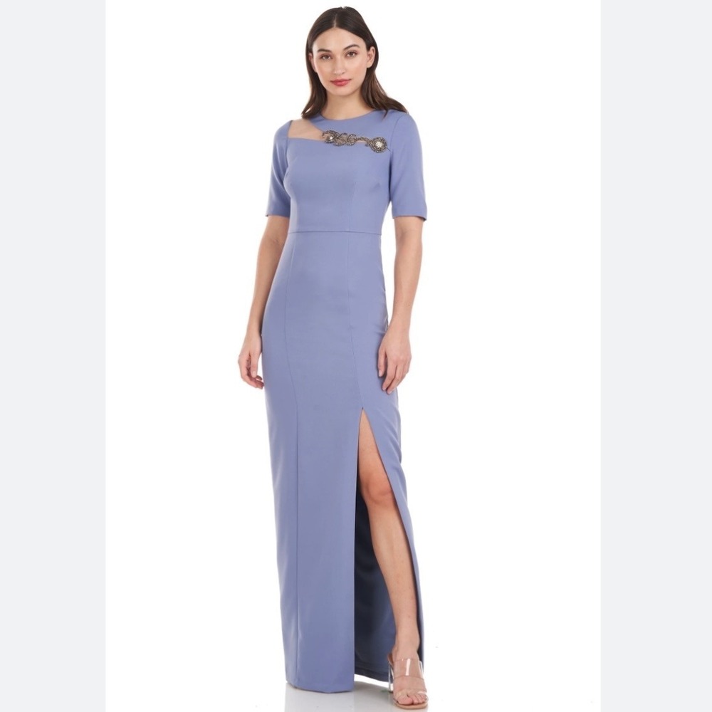 JS Collections Ivy Dusty Blue Beaded Mesh Column Gown Dress Size 2 Formal